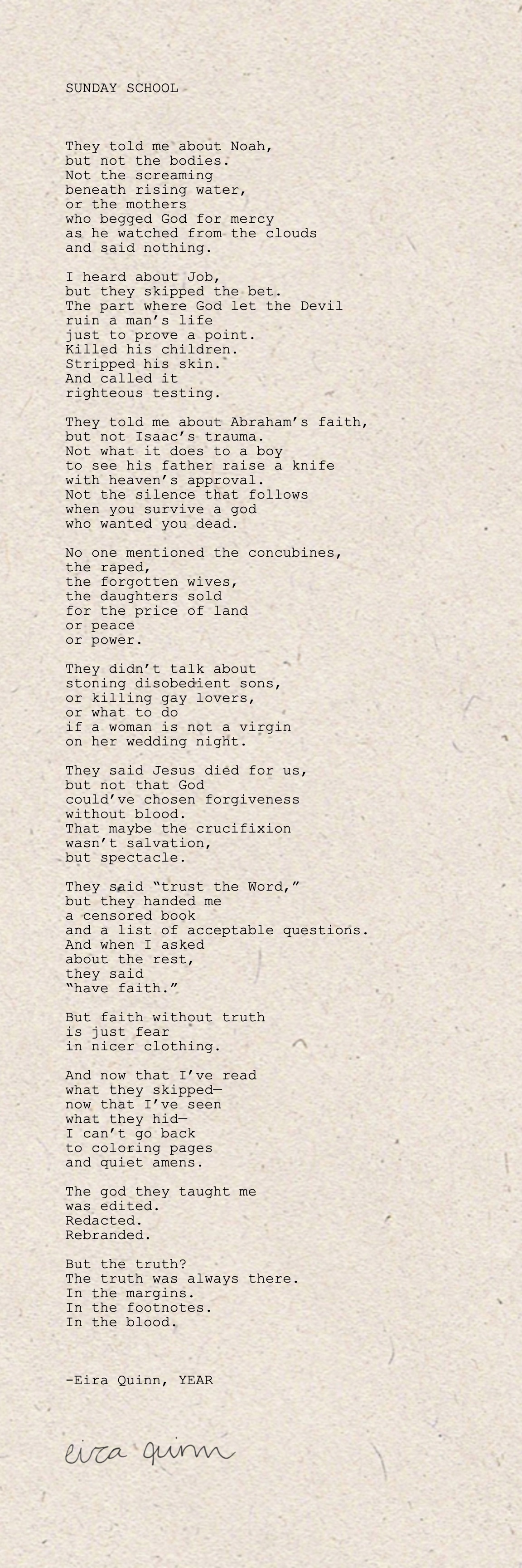 Mockup of "Sunday School" hand-typed on a custom 6 by 18 inch sheet of handmade paper
